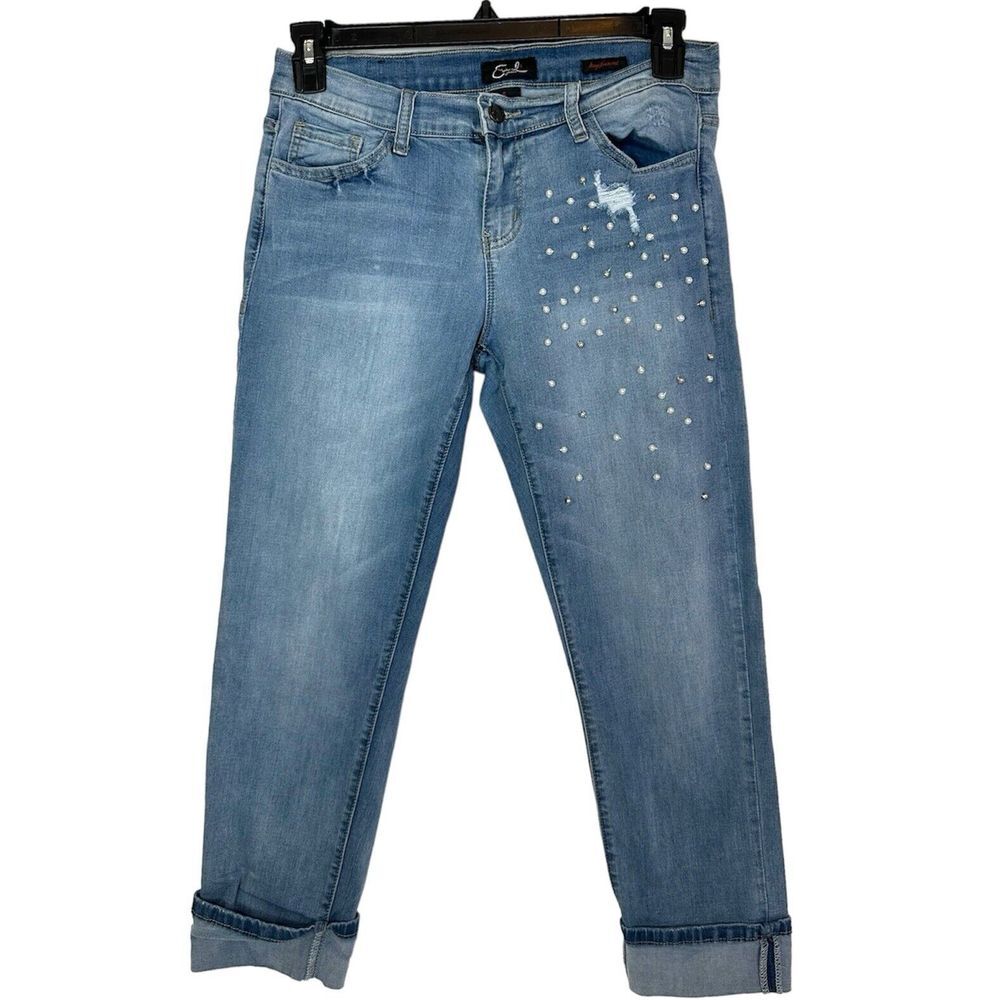 Earl Jeans Women's 6 Cuffed Capri Pearl Beaded Distressed Boyfriend Denim Blue